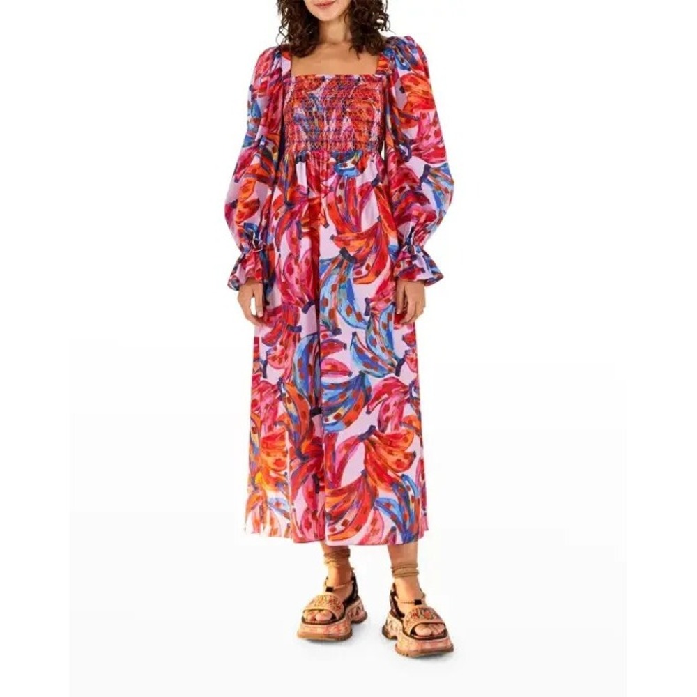 Farm Rio Tropical Banana Maxi Dress Smocked Square Neck Women's Small‎ NWT